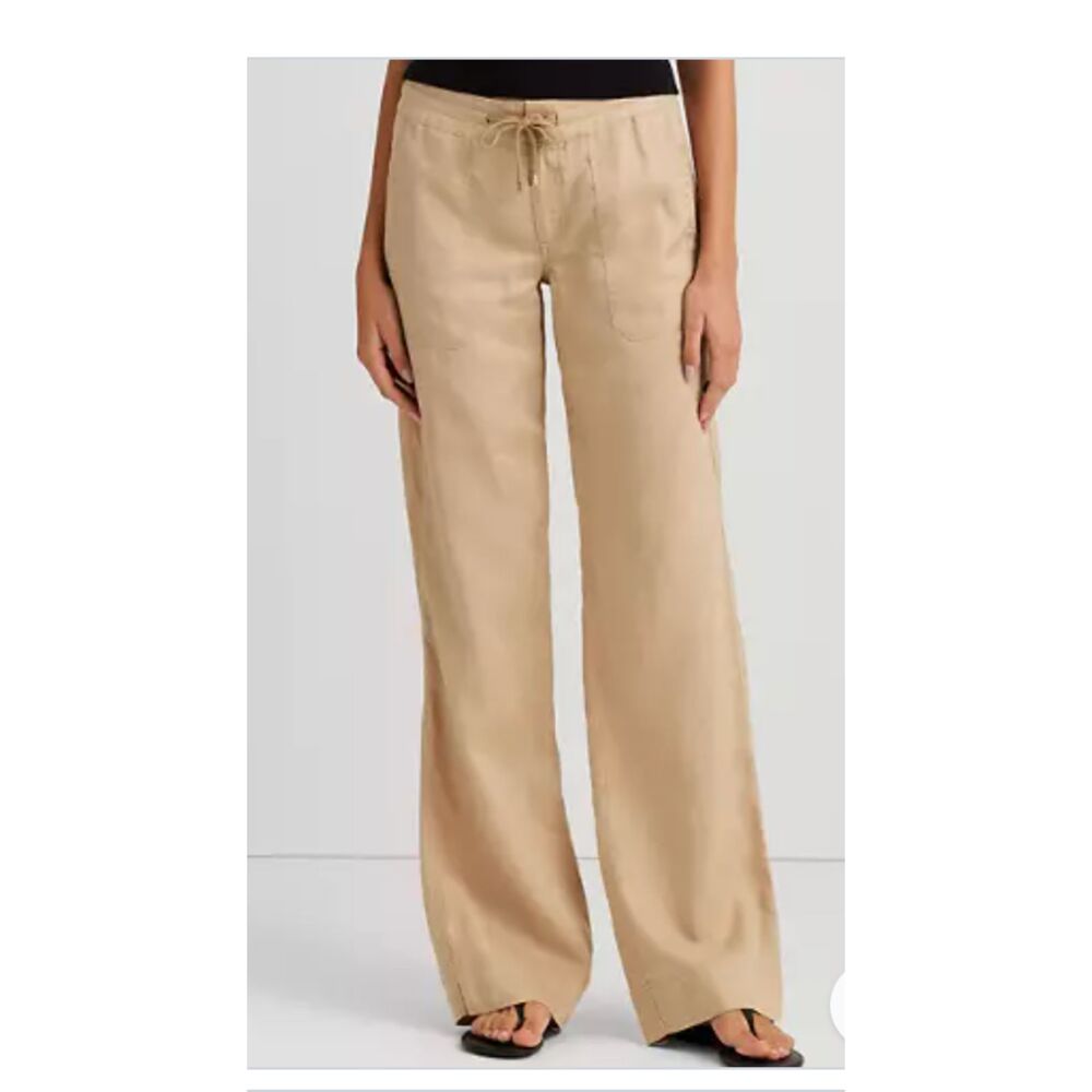 Lauren Ralph Lauren 100% Linen Wide Leg Pant NWT Sz 8 Tan Preppy Coastal Summer